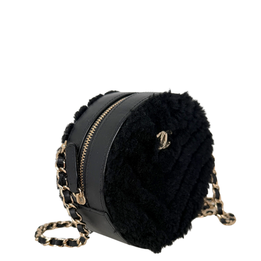 Chanel Round Clutch Chevron Shearling Mini schwarz / sehr gut Chanel