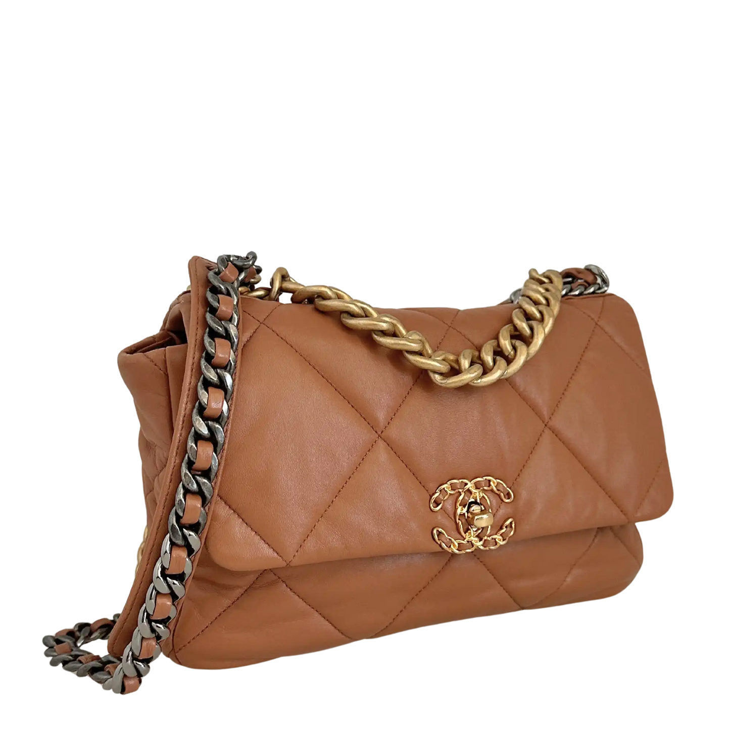 Chanel 19 Flap Bag Medium Tasche glänzendes Lammleder Caramel / sehr gut Chanel