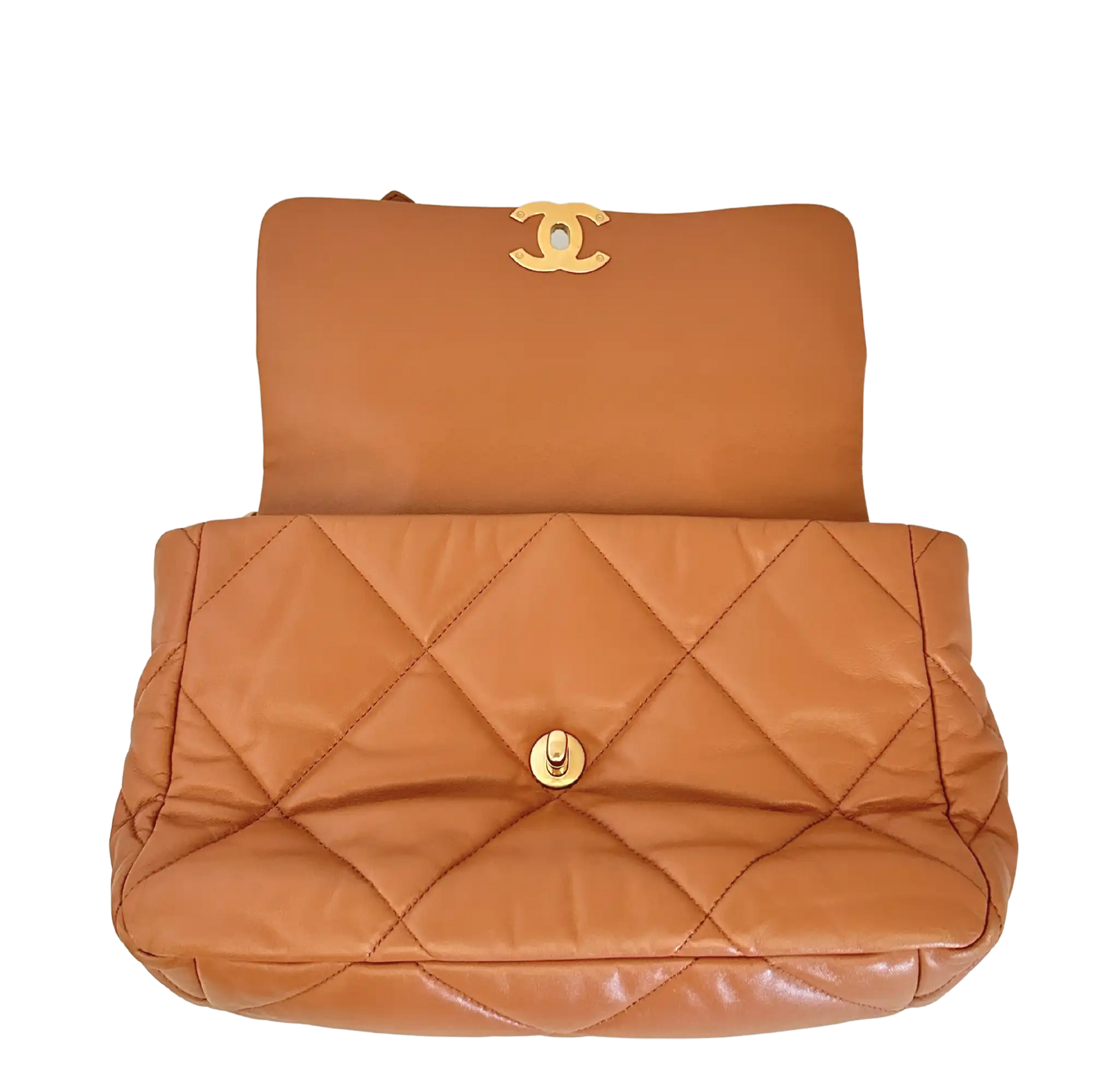 Chanel 19 Flap Bag Medium Tasche glänzendes Lammleder Caramel / sehr gut Chanel