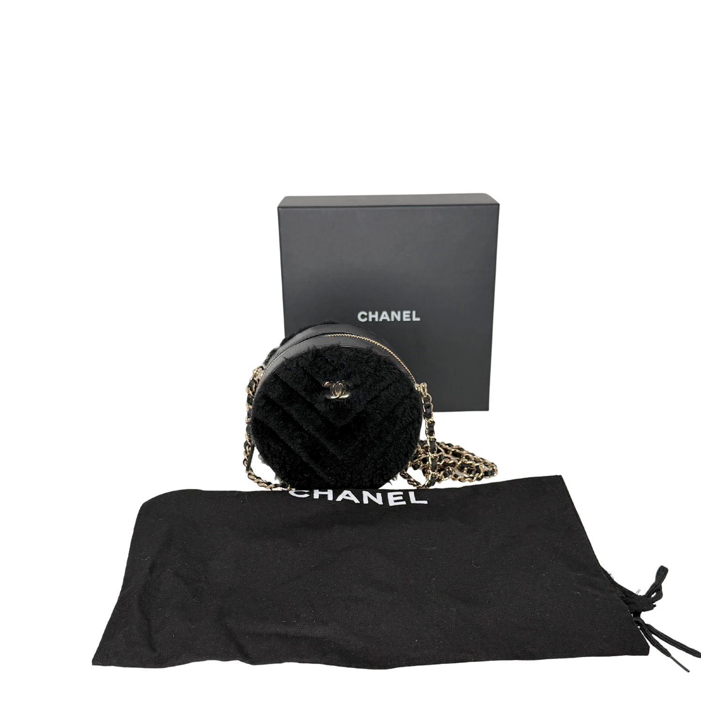 Chanel Round Clutch Chevron Shearling Mini schwarz / sehr gut Chanel