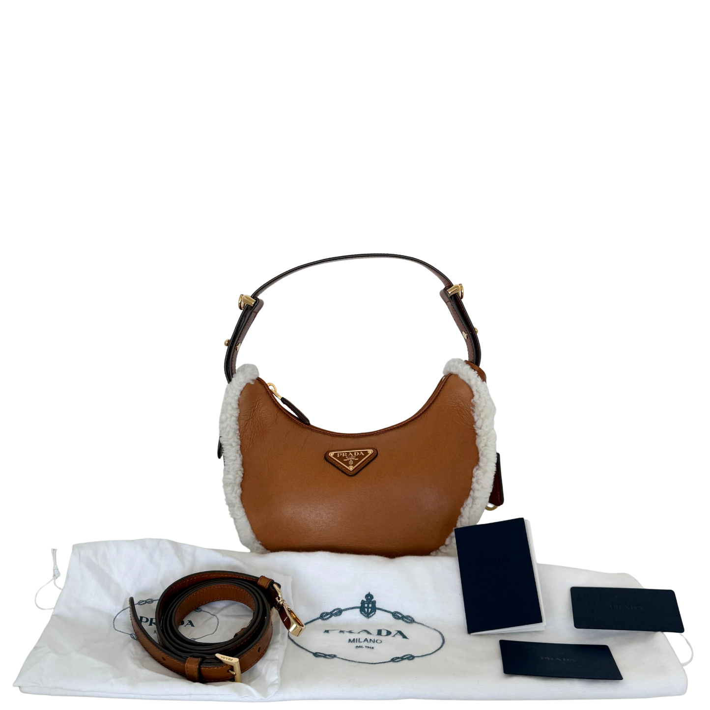 Prada kleine Arqué Schultertasche aus Lammfell Cognac / neuwertig