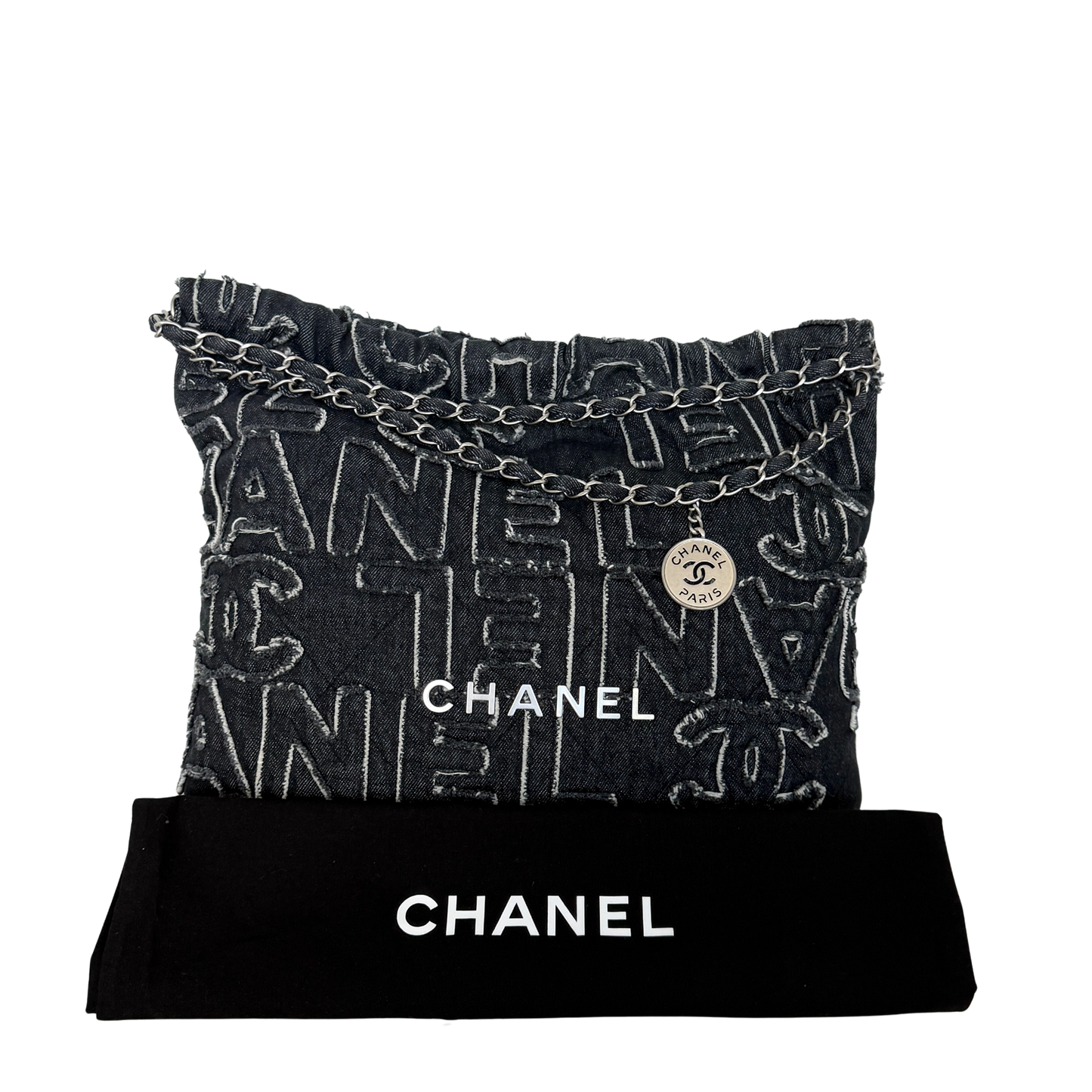 Chanel 22 mittelgroße Hobobag aus Denim Schwarz silberne Hardware / neuwertig Chanel