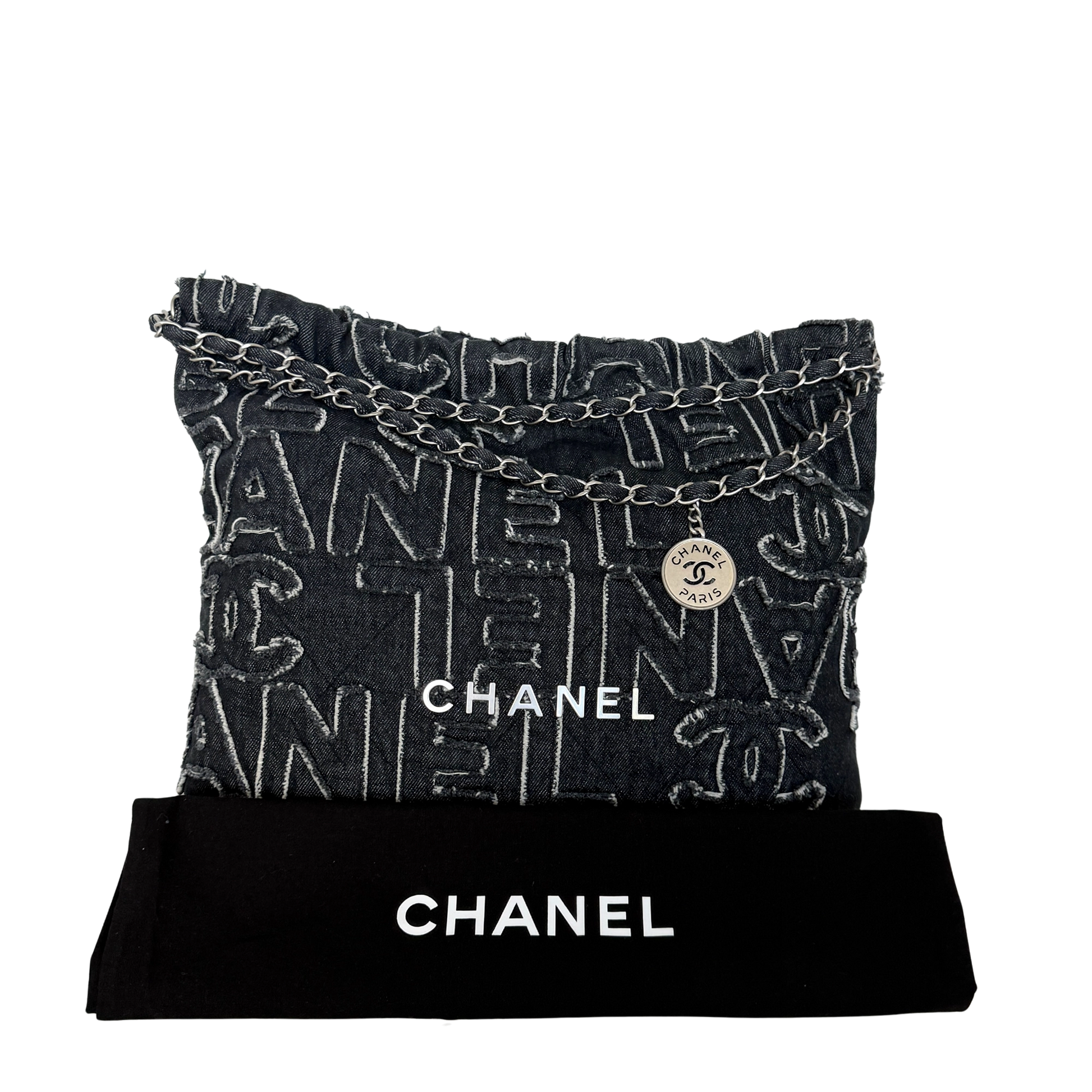 Chanel 22 mittelgroße Hobobag aus Denim Schwarz silberne Hardware / neuwertig Chanel