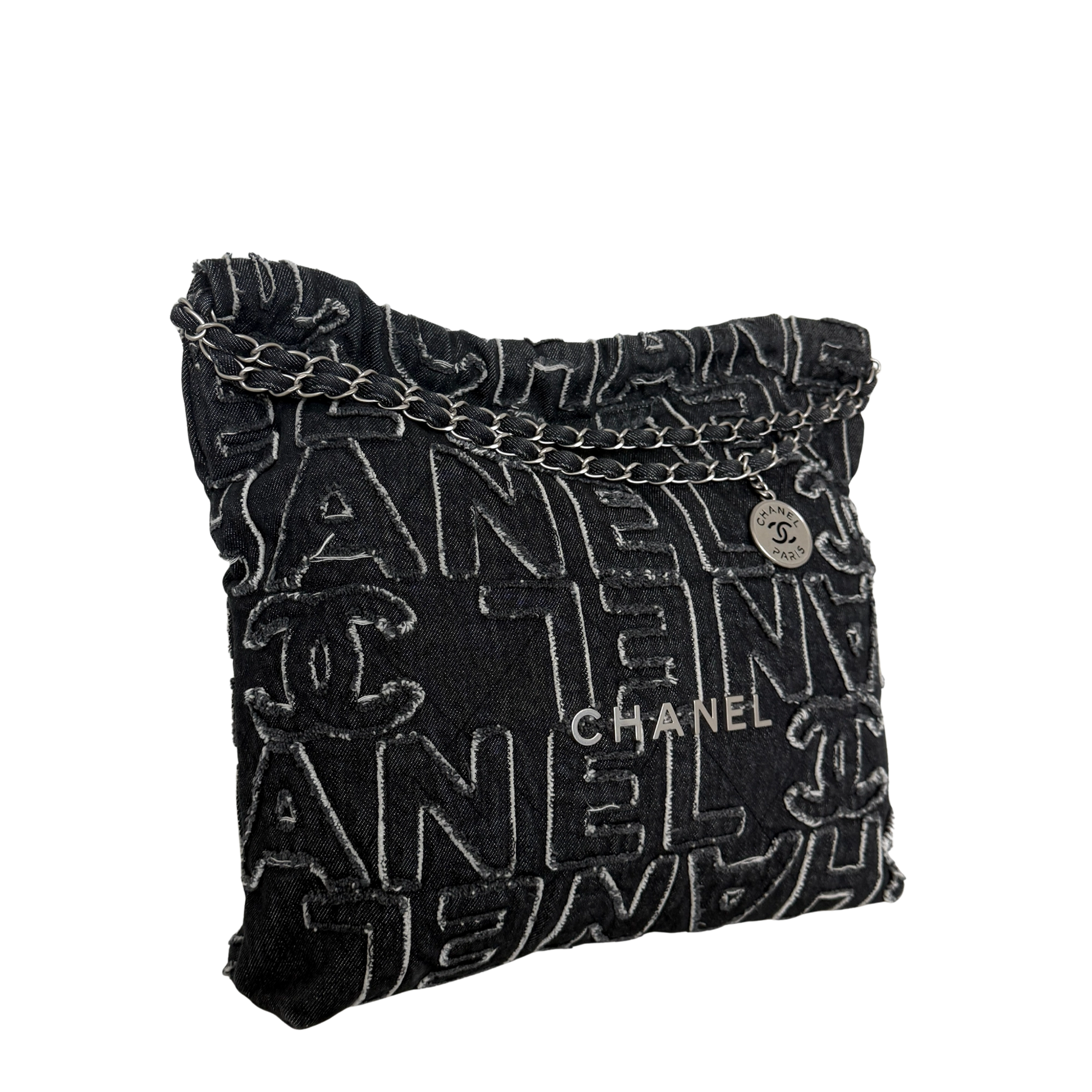 Chanel 22 mittelgroße Hobobag aus Denim Schwarz silberne Hardware / neuwertig Chanel