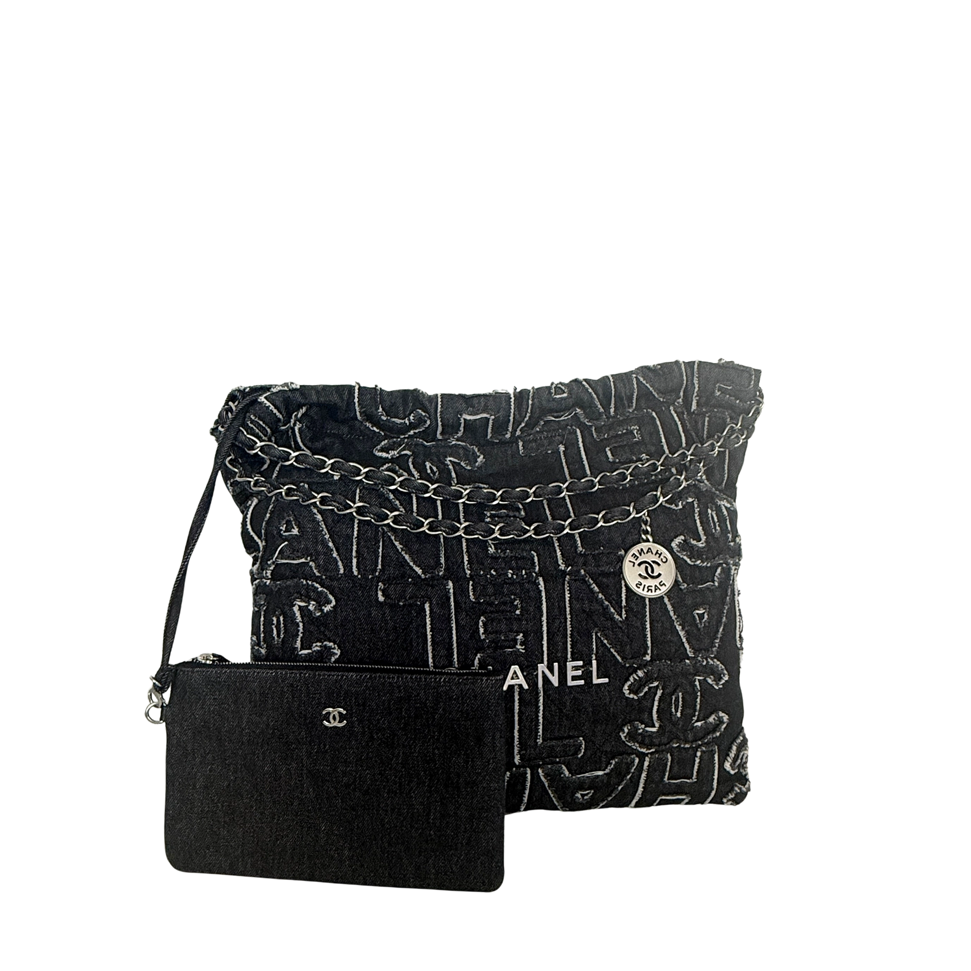 Chanel 22 mittelgroße Hobobag aus Denim Schwarz silberne Hardware / neuwertig Chanel