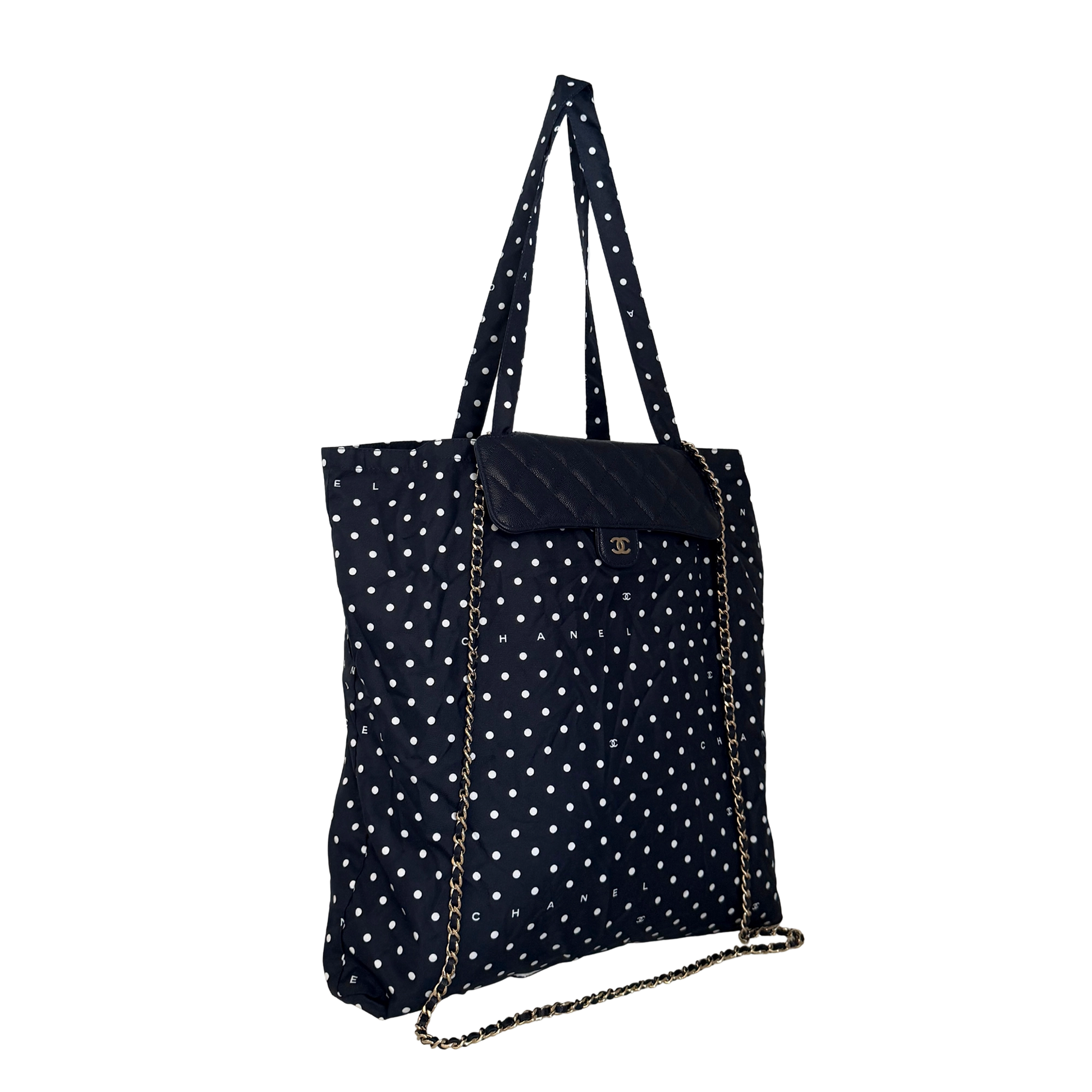 Chanel Quilted Foldable Chain Tote Bag Caviar mit Polka Dots Navyblau / neuwertig Chanel