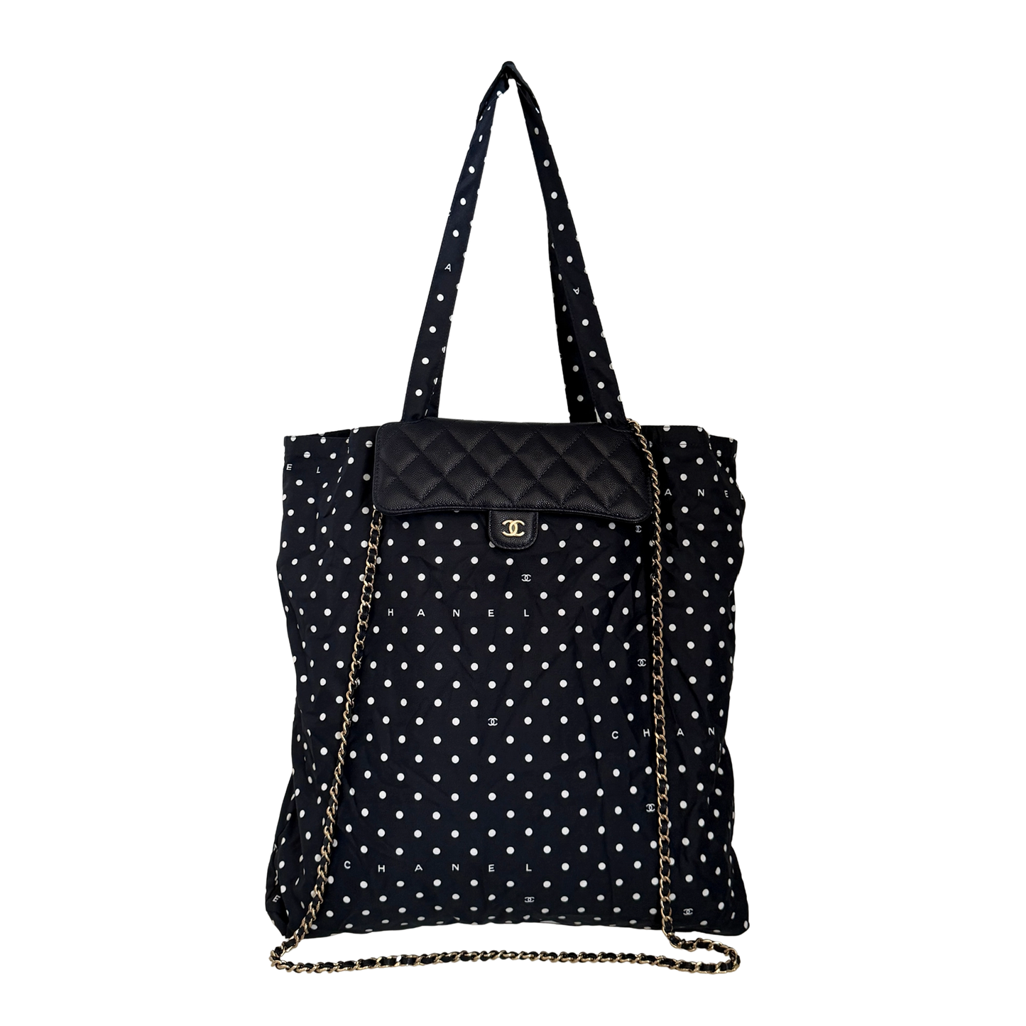 Chanel Quilted Foldable Chain Tote Bag Caviar mit Polka Dots Navyblau / neuwertig Chanel