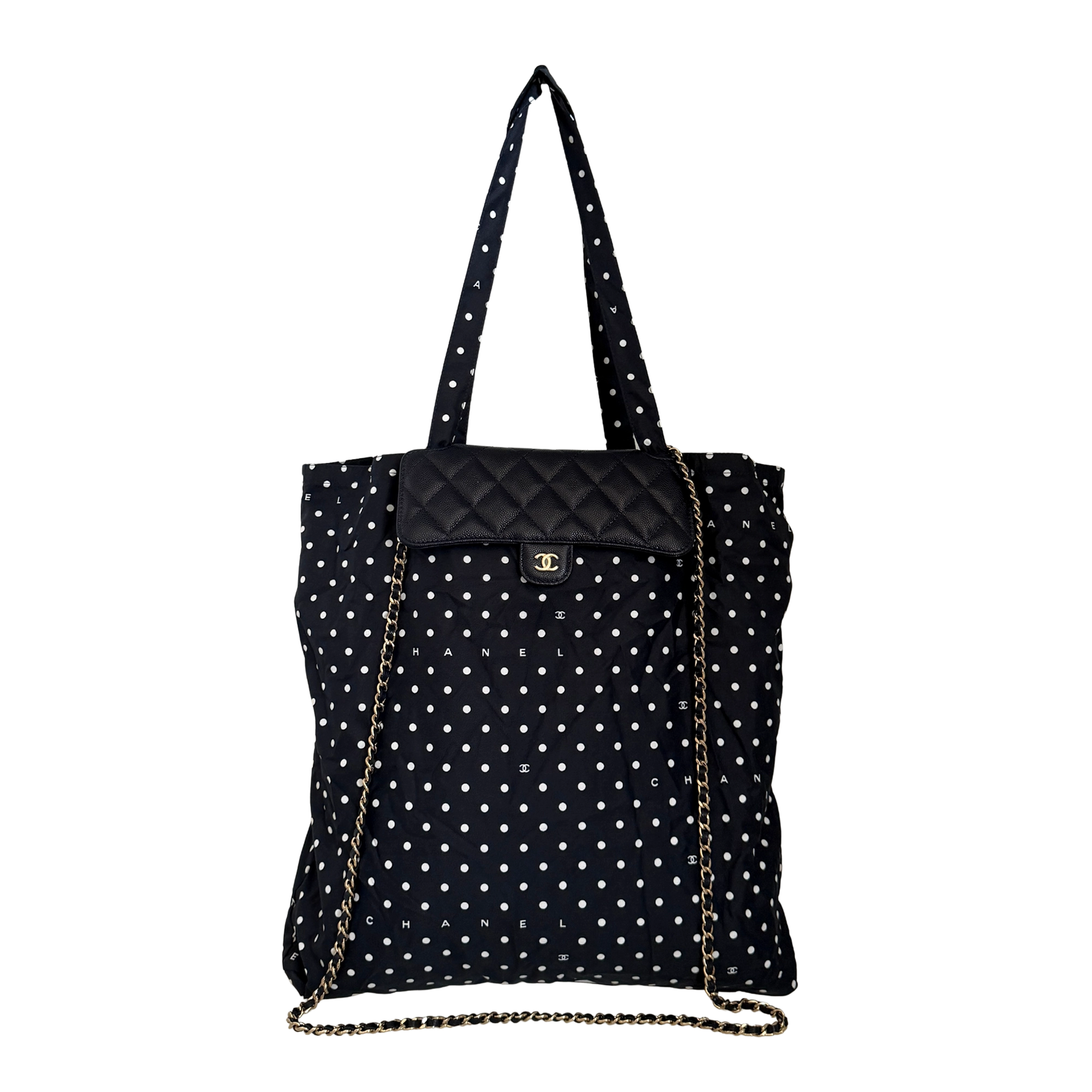 Chanel Quilted Foldable Chain Tote Bag Caviar mit Polka Dots Navyblau / neuwertig Chanel