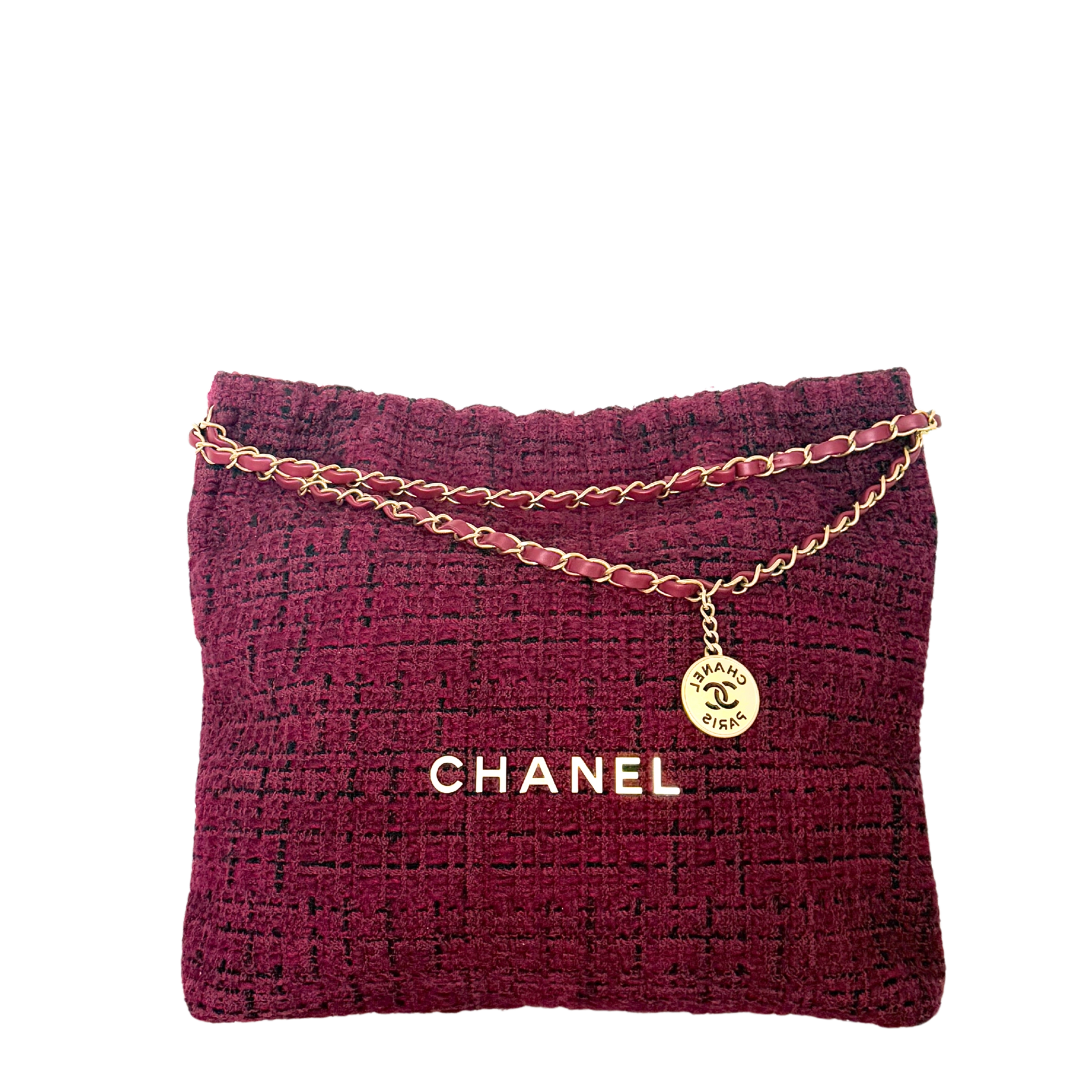 Chanel 22 mittelgroße Hobobag aus Tweed Burgunderrot goldene Hardware / neuwertig Chanel