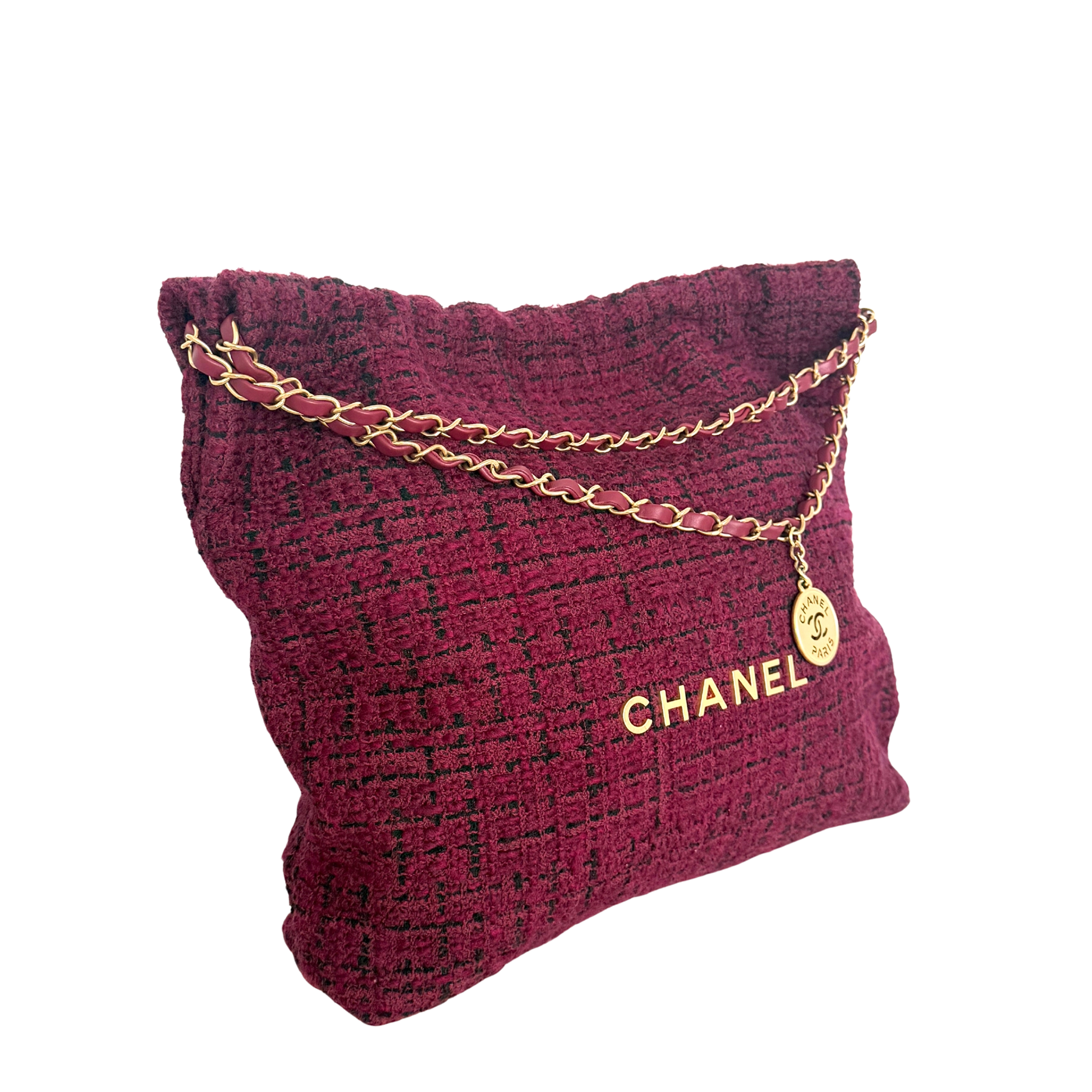 Chanel 22 mittelgroße Hobobag aus Tweed Burgunderrot goldene Hardware / neuwertig Chanel