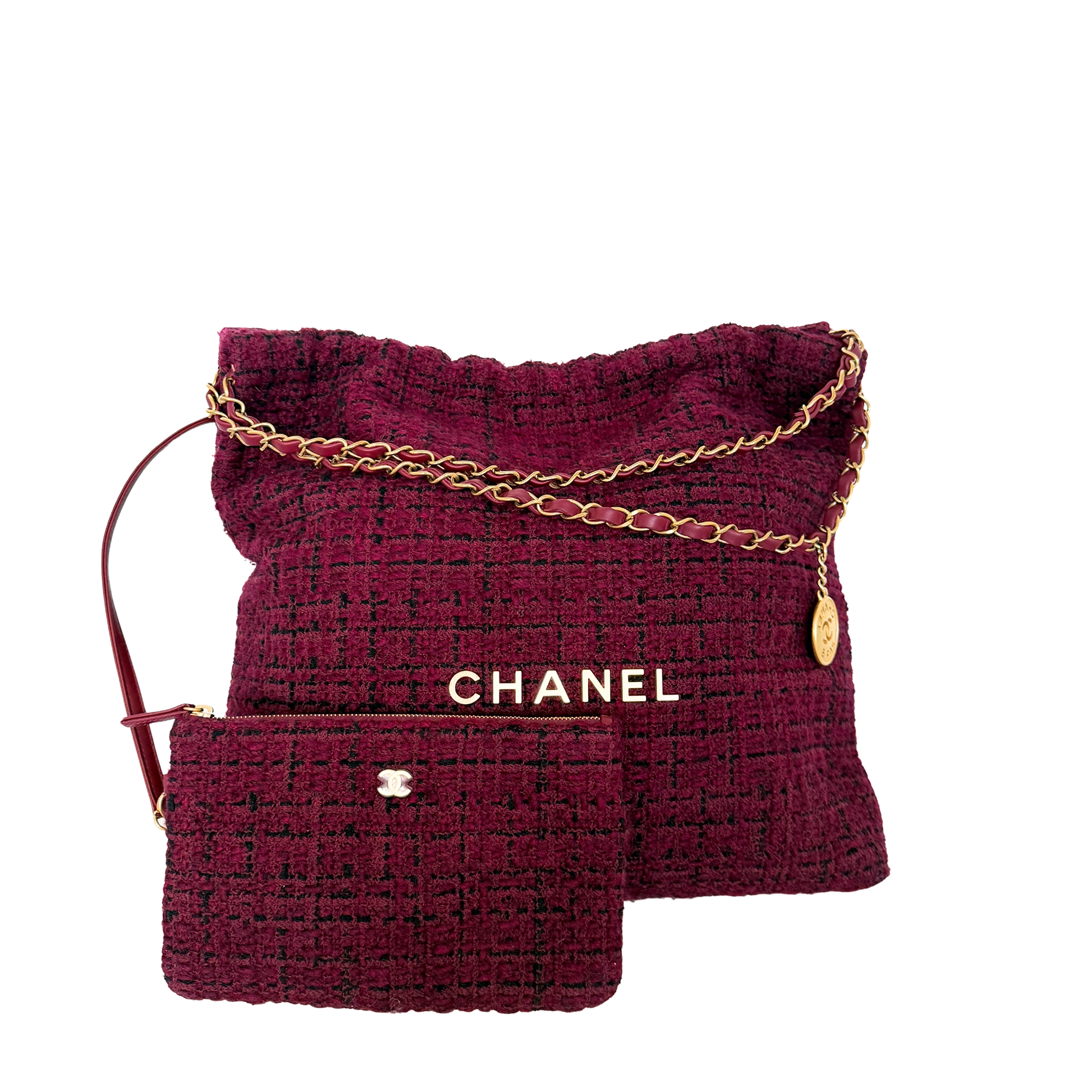 Chanel 22 mittelgroße Hobobag aus Tweed Burgunderrot goldene Hardware / neuwertig Chanel