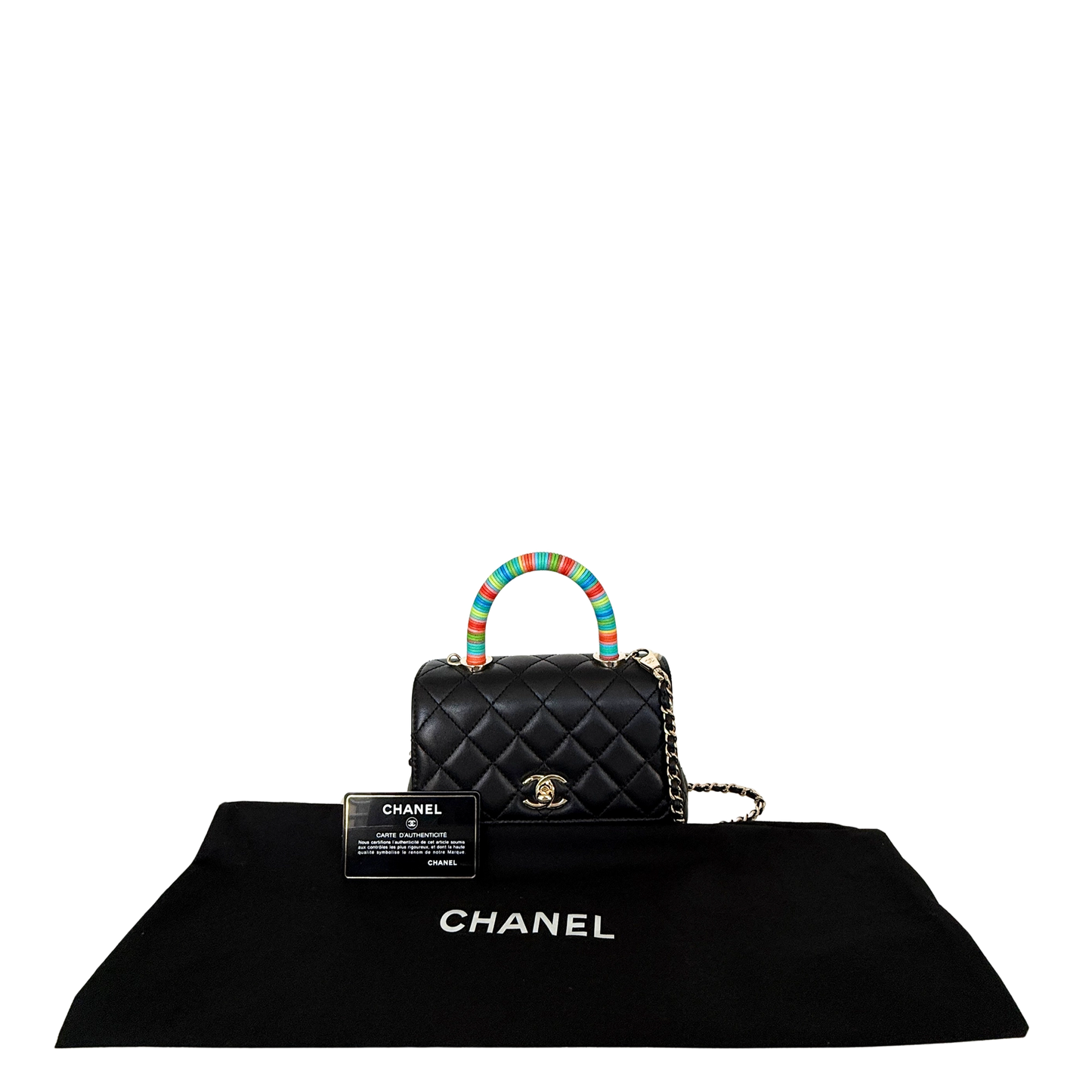 Chanel Mini Flap Bag mit Rainbow Top Handle Lammleder Schwarz / sehr gut Chanel