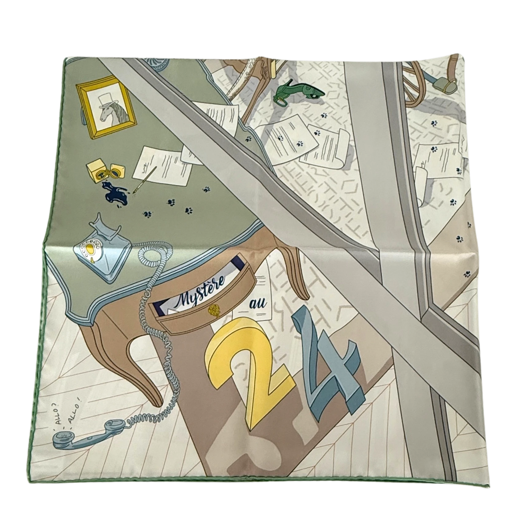 Hermès Carré 90 MYSTERE AU 24 Seidentuch Grau Fullset / neuwertig Hermès