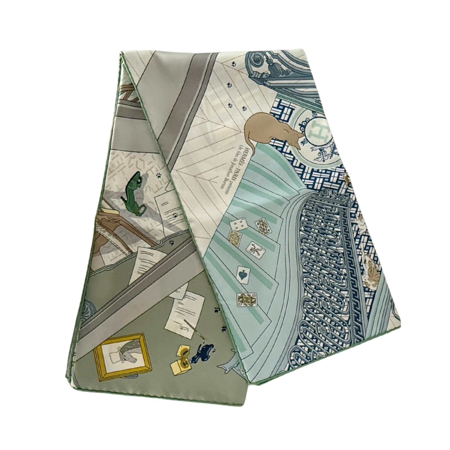 Hermès Carré 90 MYSTERE AU 24 Silk Scarf Grey Full Set / Like New