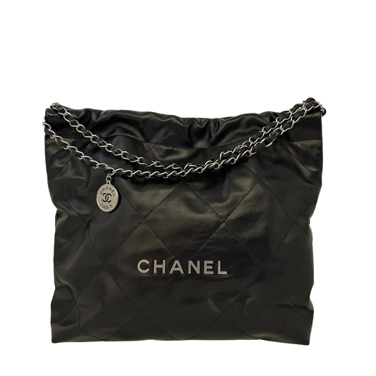 Chanel 22 mittelgoße Hobobag schwarz silberne Hardware 2024 Fullset / neuwertig Chanel
