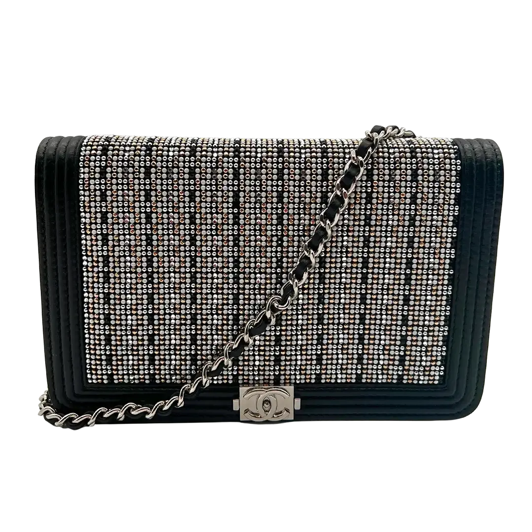 Chanel Boy Strass Wallet On Chain WOC Kalbsleder schwarz / ungetragen Chanel