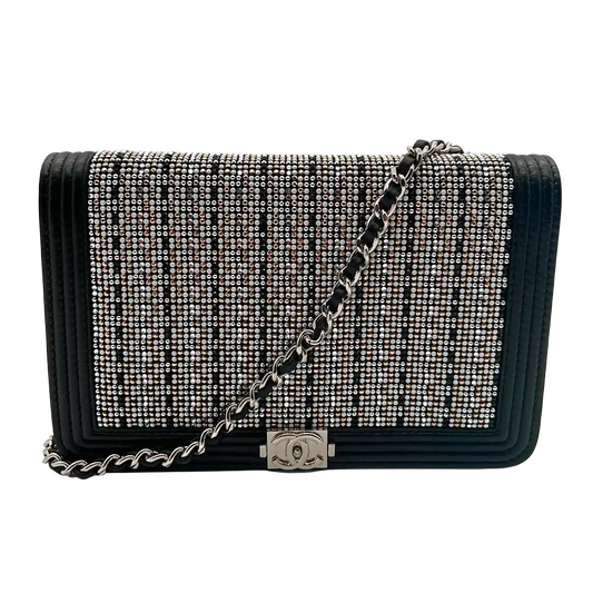 Chanel Boy Strass Wallet On Chain WOC Kalbsleder schwarz / ungetragen Chanel