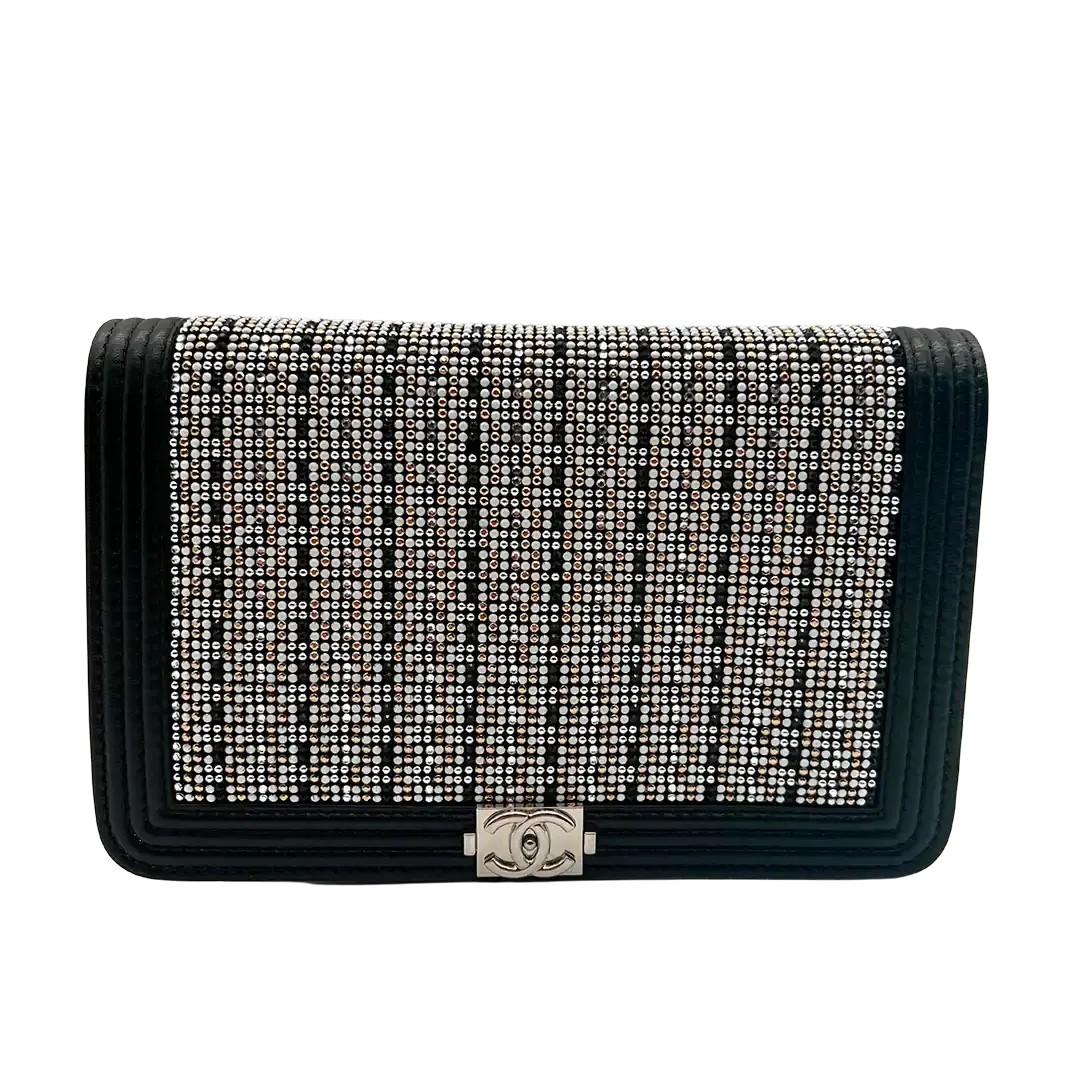 Chanel Boy Strass Wallet On Chain WOC Kalbsleder schwarz / ungetragen Chanel