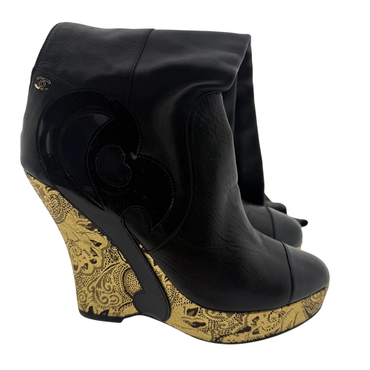 Chanel Thigh High Platform Boots schwarz gold Größe 38 1/2 / sehr gut Chanel