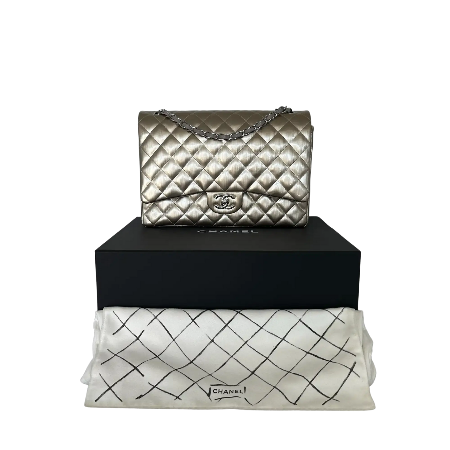 Chanel Timeless Maxi Double Flap Bag Champagner geprägtes Leder mit Iridescent-Finish selten / neuwertig Chanel