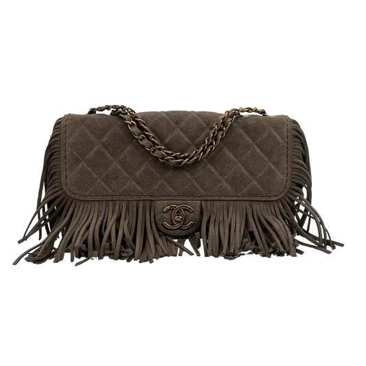 Chanel Timeless Paris-Dallas Fringe Timeless Flap Bag Lammleder grau/taupe  / neuwertig - Echtheitscheck