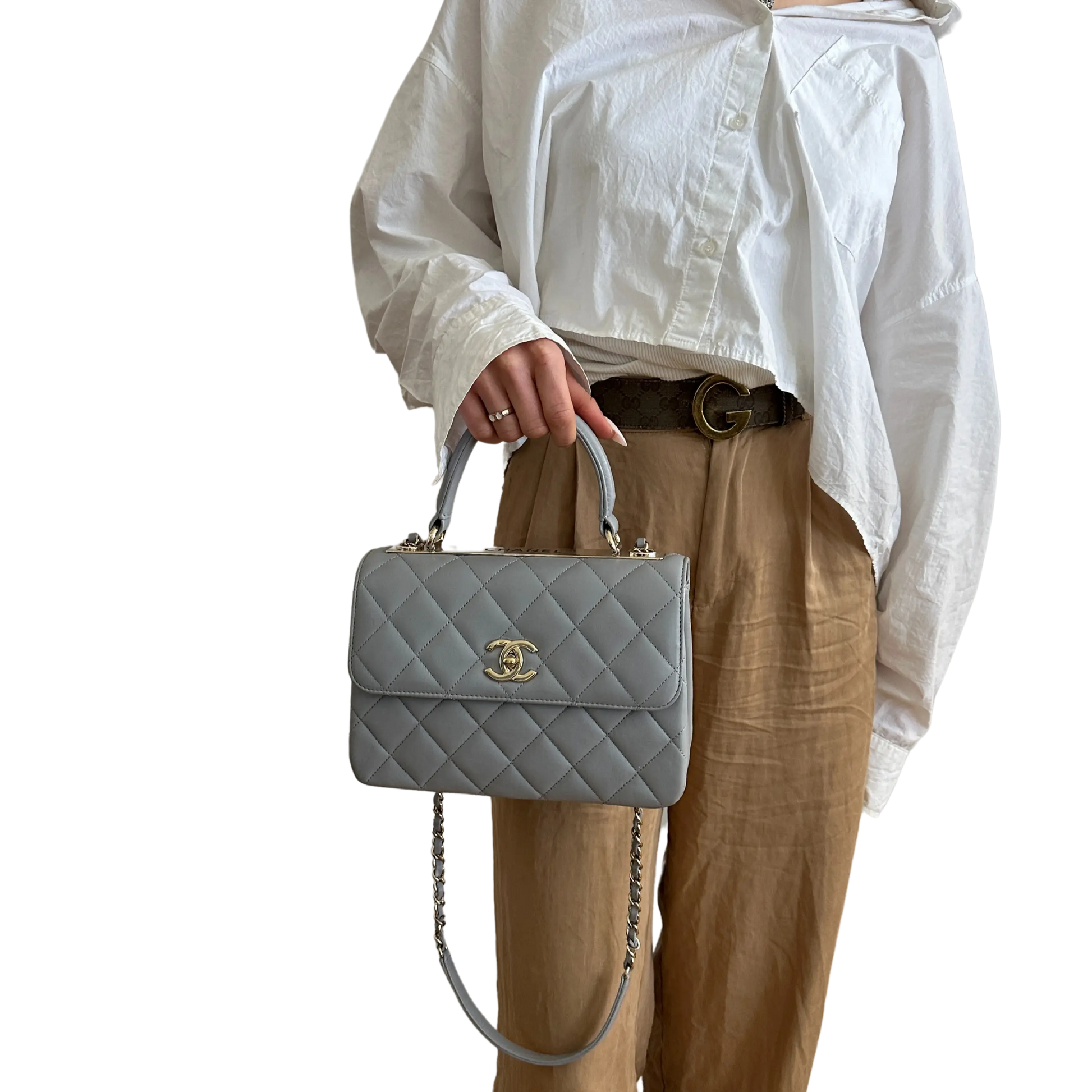 Chanel Trendy CC Top Handle Tasche Lammleder hellgrau Fullset / sehr gut Chanel