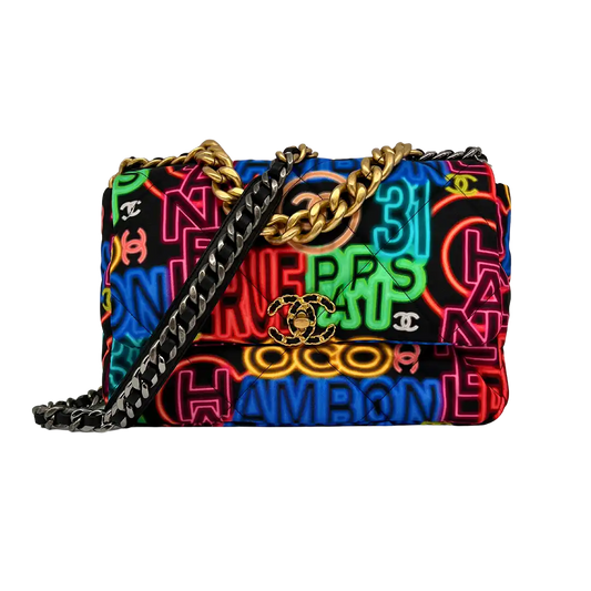 Chanel 19 große Tasche Flap Bag Stoff mehrfarbig Neon Graffiti / sehr gut Chanel