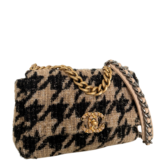 Chanel 19 Schulktertasche Tweed Hahnentritt Beige Schwarz Fullset / neuwertig Chanel