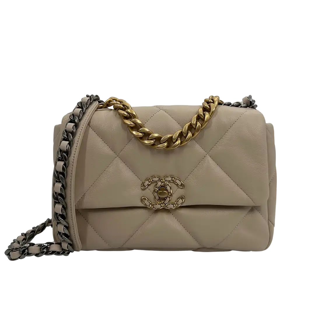 Chanel 19 Flap Bag Small Tasche Lammleder beige neuwertig Echtheitscheck