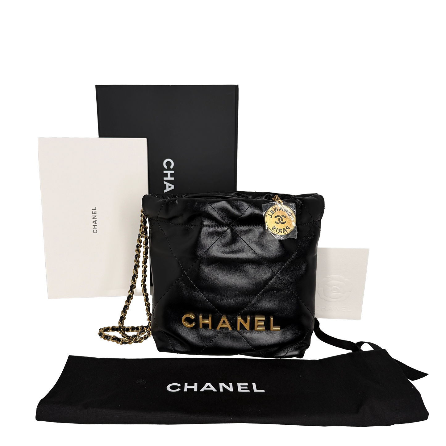 Chanel 22 klein Schwarz glänzenedes Kalbsleder GHW Fullset / neuwertig Chanel