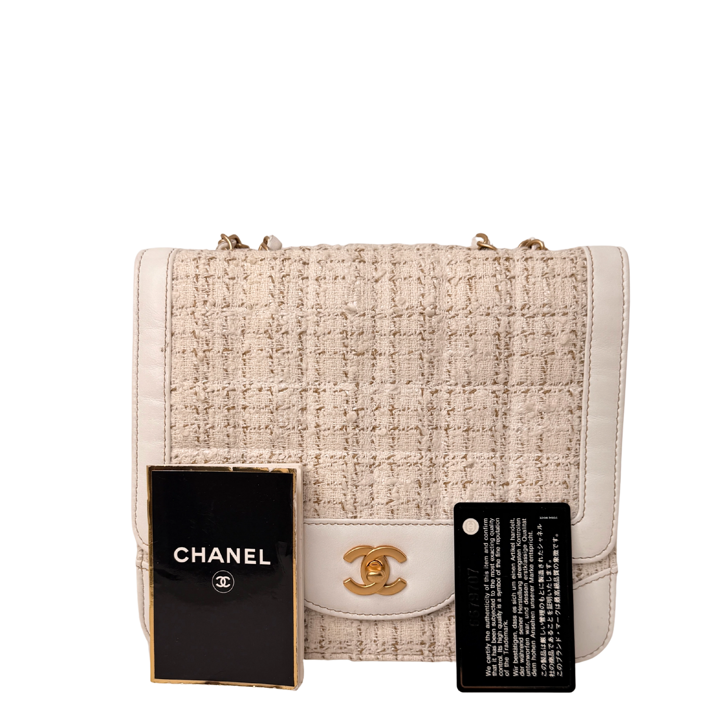 Chanel Classic Square Flap Bag Tweed weiss / beige / sehr gut Chanel