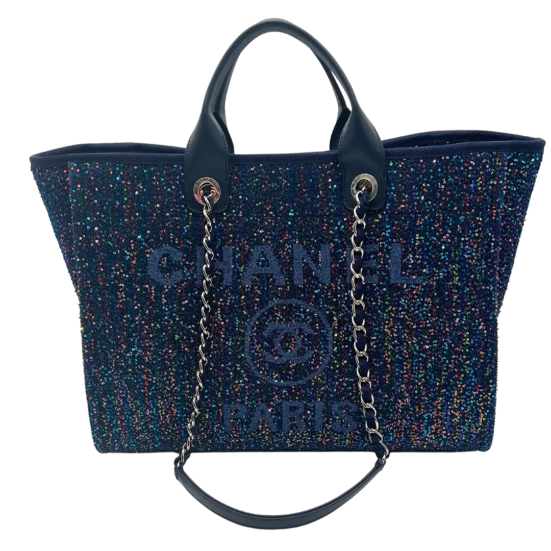 Chanel Deauville Pailetten blau front kette