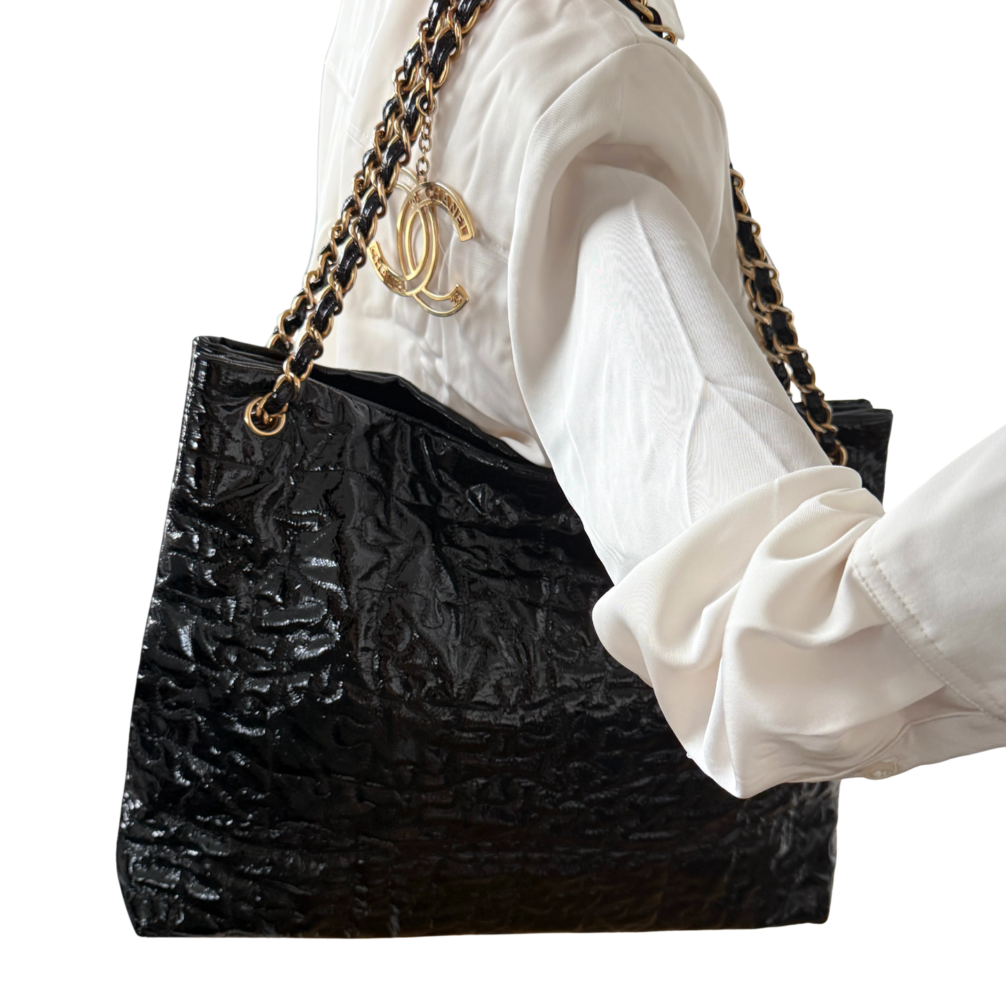 Chanel Puzzle Quilted Patent Tote Bag Schwarz / sehr gut Chanel