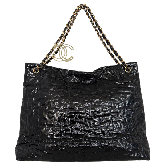 Chanel Puzzle Quilted Patent Tote Bag Schwarz / sehr gut Chanel
