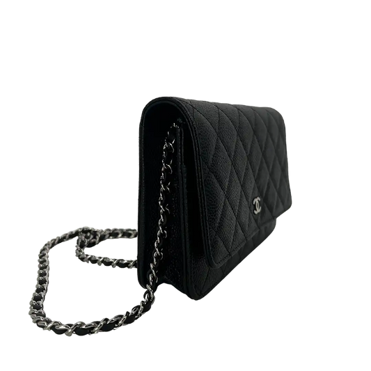 Chanel Wallet on Chain Bag Kaviar Leder schwarz silber Hardware / neuwertig Chanel