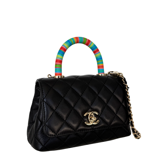 Chanel Mini Flap Bag mit Rainbow Top Handle Lammleder Schwarz / sehr gut Chanel
