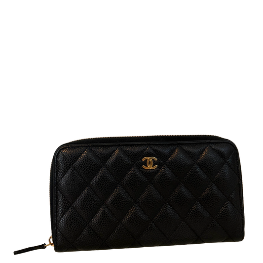 Chanel Gusset Zip Around Geldbörse Kaviarleder Schwarz / gut