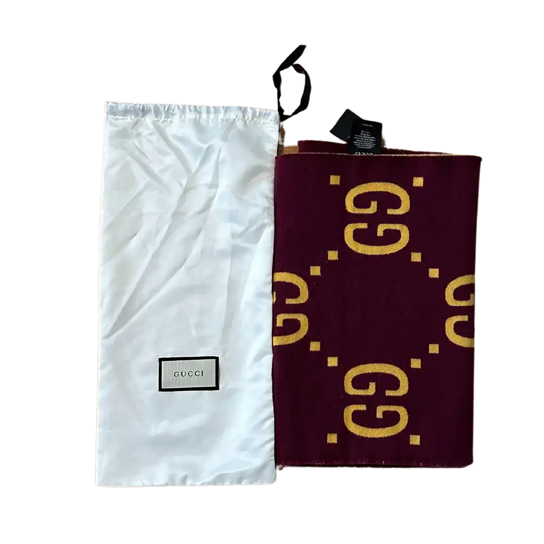 Gucci Schal aus GG Jacquard aus Wolle und Seide gelb / lila / neuwertig Gucci