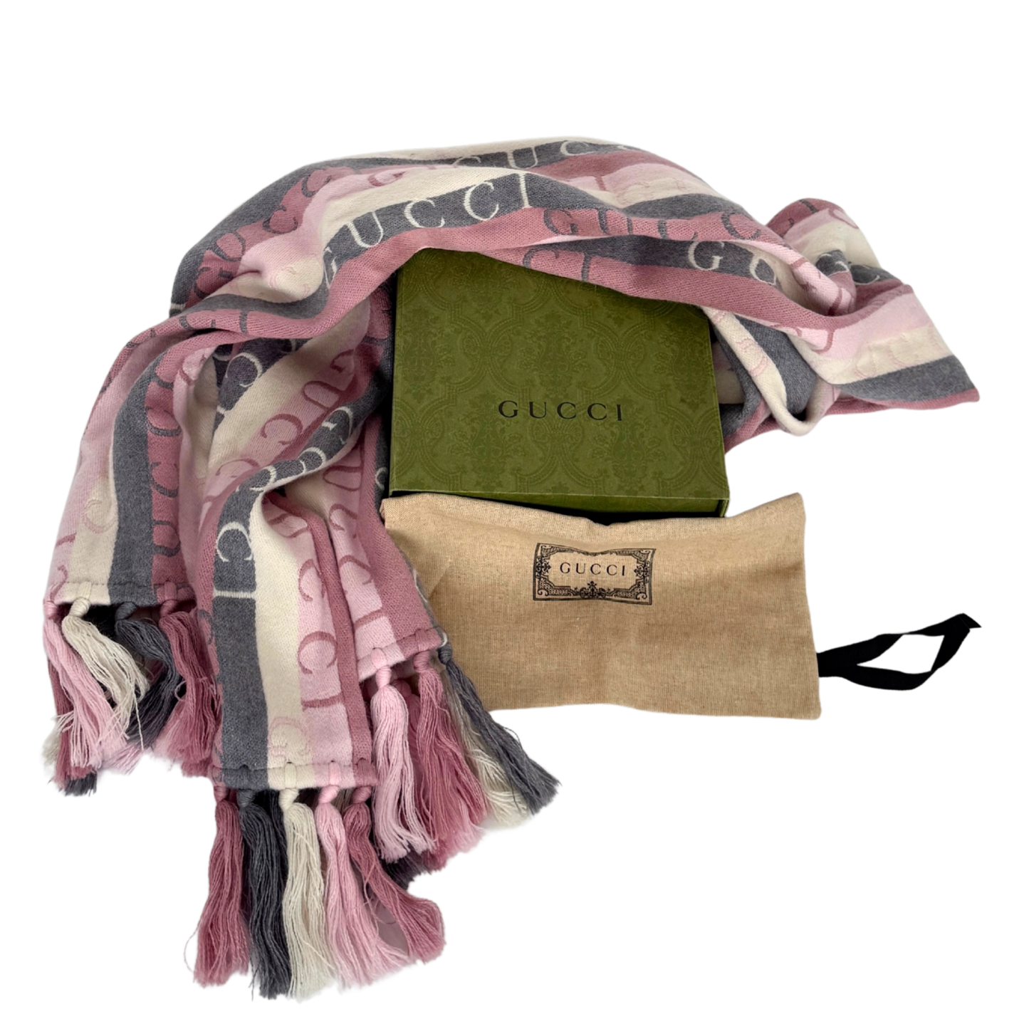 Gucci Gestreifter Schal aus Wolle Grau Rosa / neuwertig Gucci