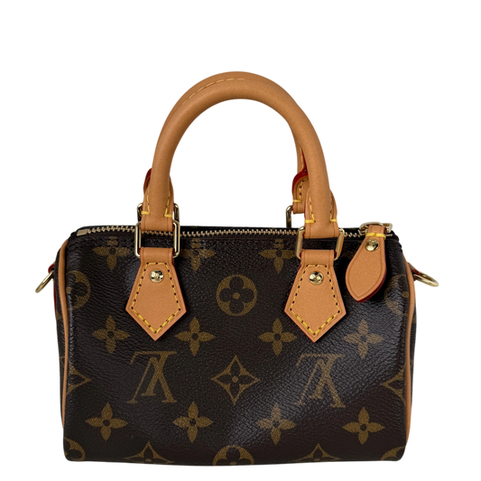 Louis Vuitton Nano Speedy Monogram Canvas Braun Gold mit Riemen – Ansicht 2