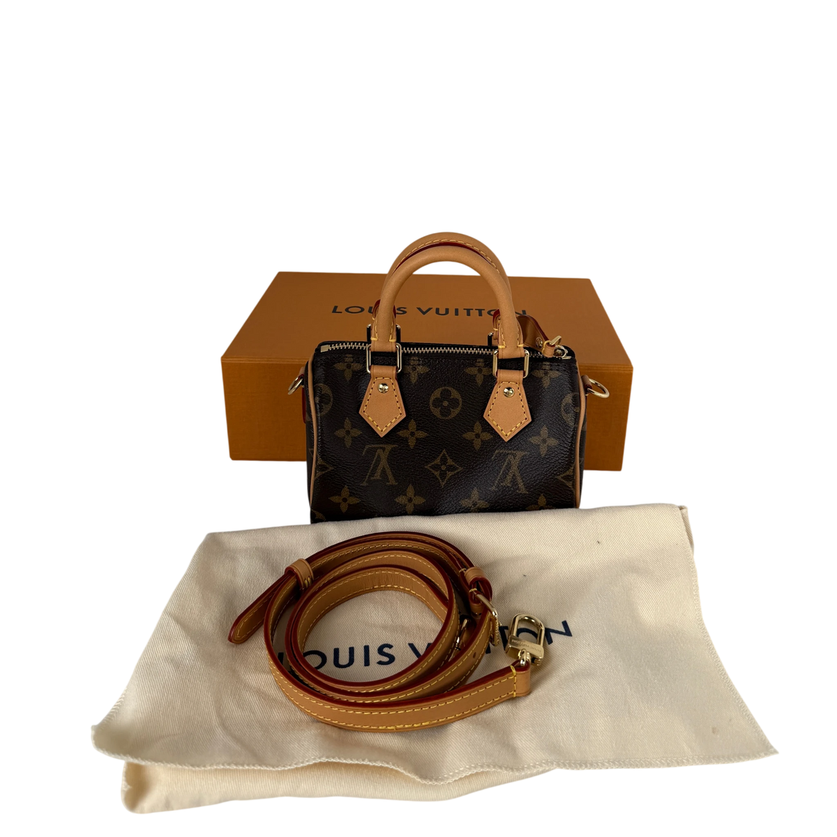 Louis Vuitton Nano Speedy Monogram Canvas Brown Gold with Strap