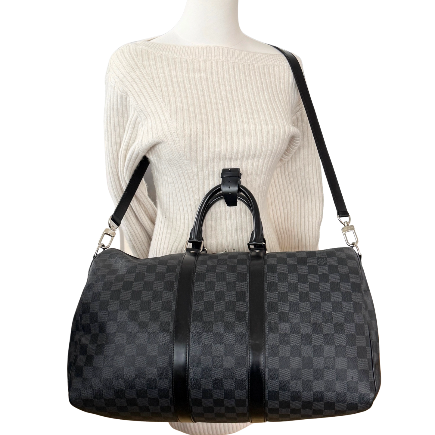 Louis Vuitton Keepall 45 mit Schulterriemen in Damier Graphite Canvas N41418 Schwarz / gut Louis Vuitton