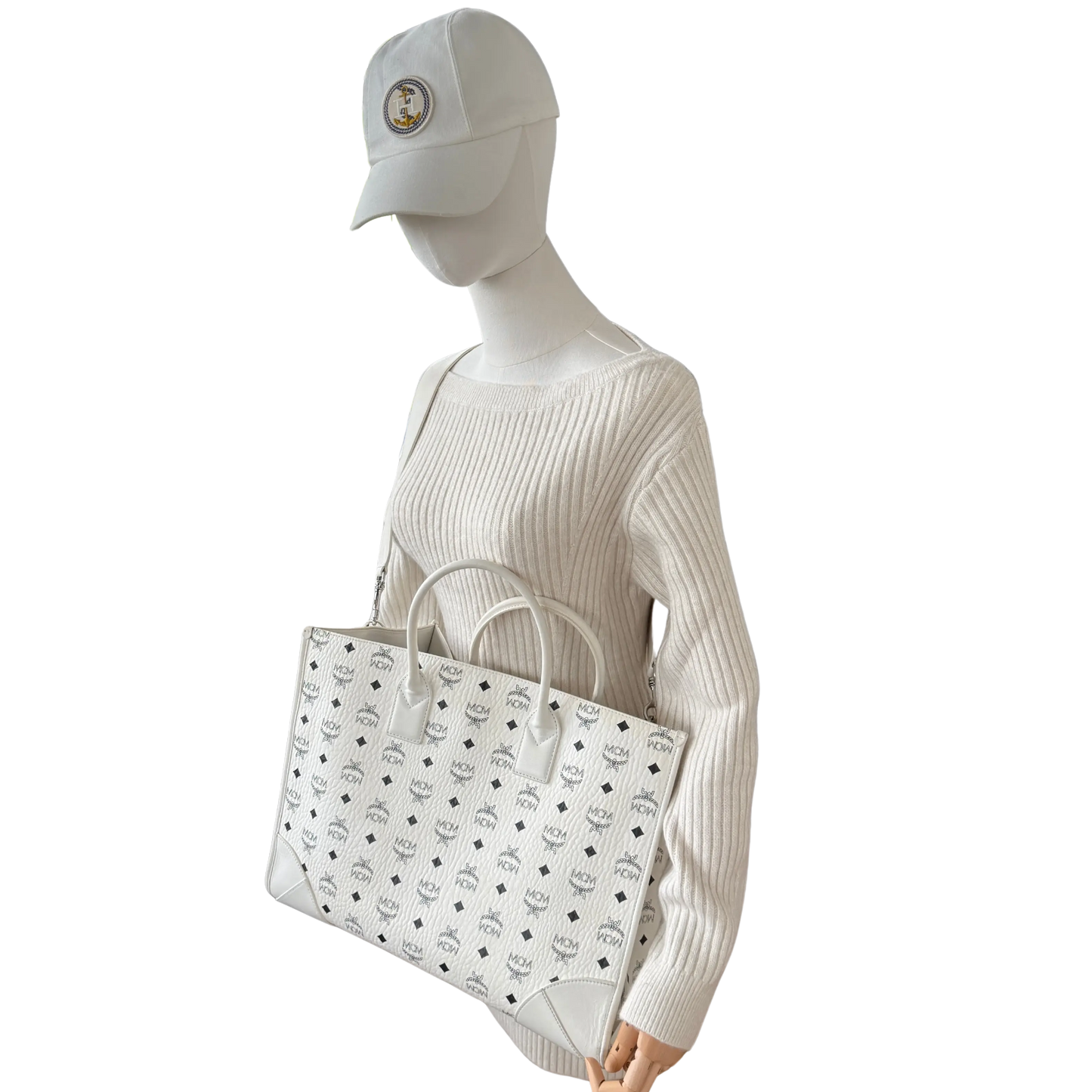 MCM München Tragetasche in Visetos weiß mit abnehmbarer Pouch /gut MCM