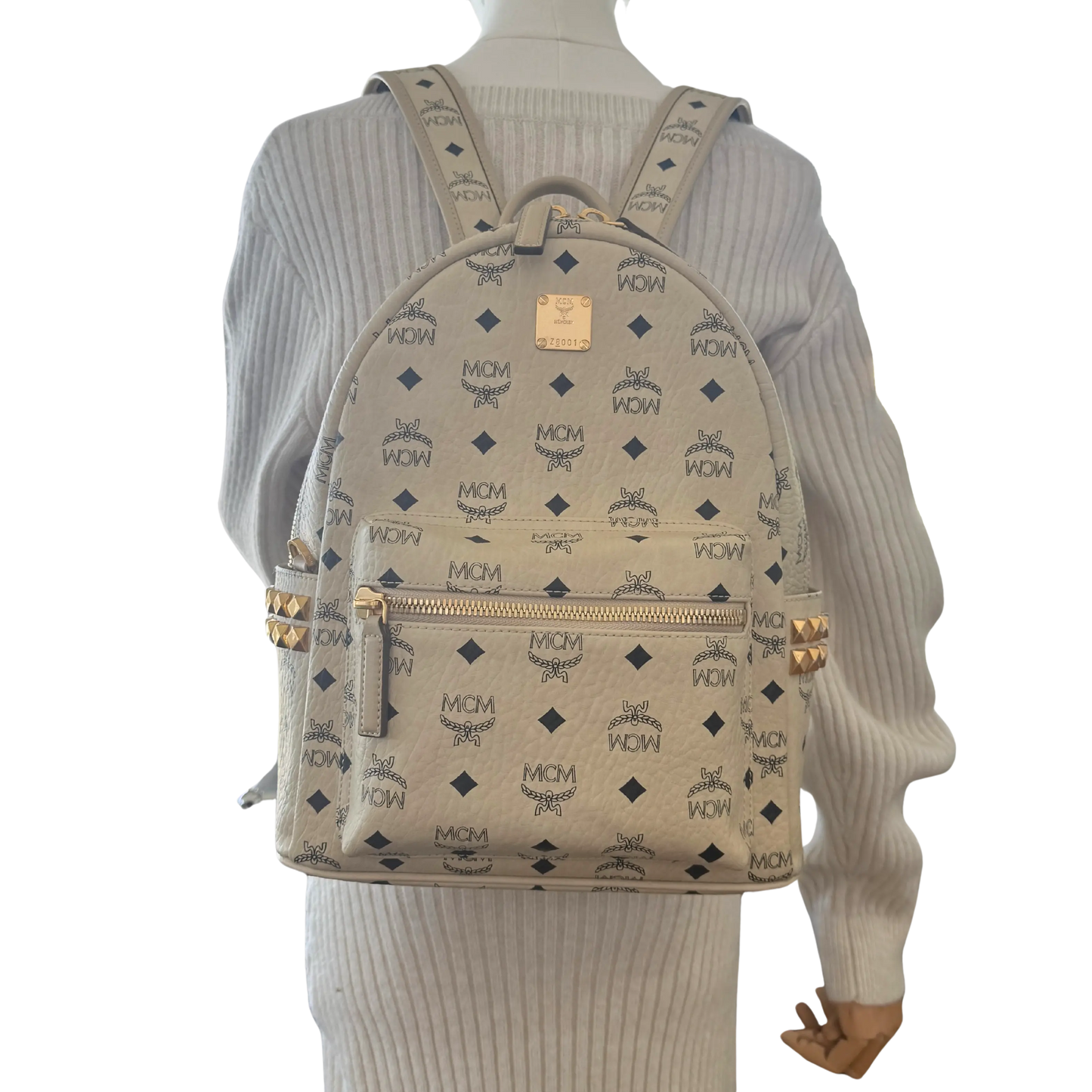 MCM Stark Rucksack in Visetos mit seitlichen Nieten Small Beige / neuwertig MCM