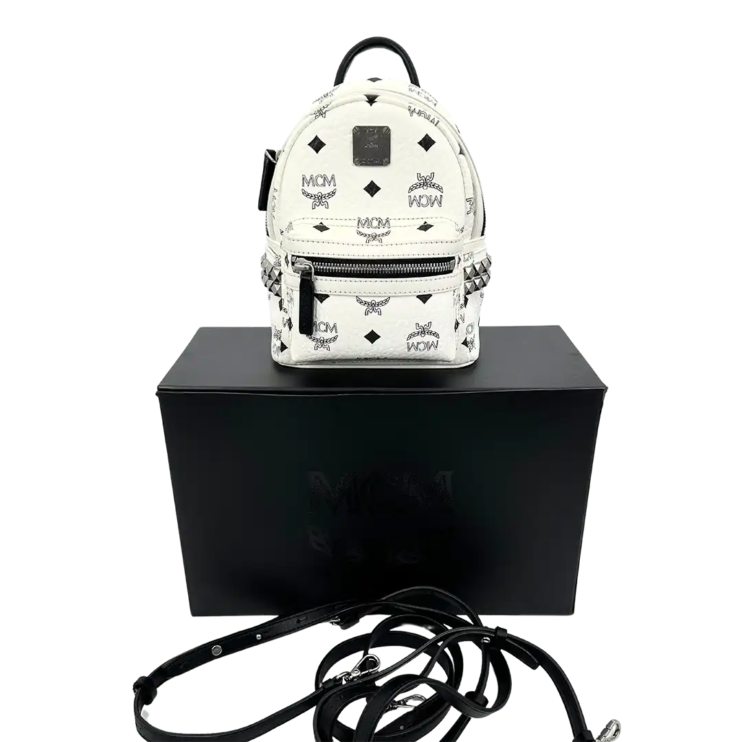 MCM Stark Mini Rucksack Monogram weiß abnehmbare Ledergurte / sehr gut MCM