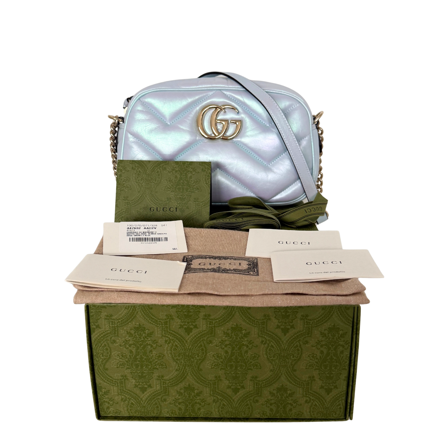 Gucci Kleine GG Marmont Schultertasche Metallicblau Fullset / neuwertig Gucci