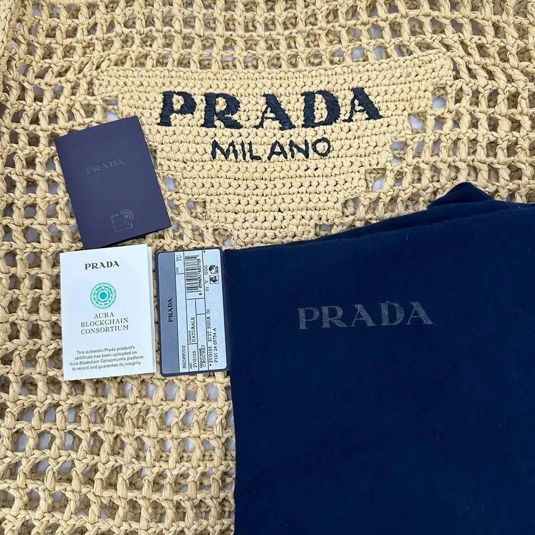 Prada Shopping Bag Crochet Raffiabast Tasche / neuwertig Prada