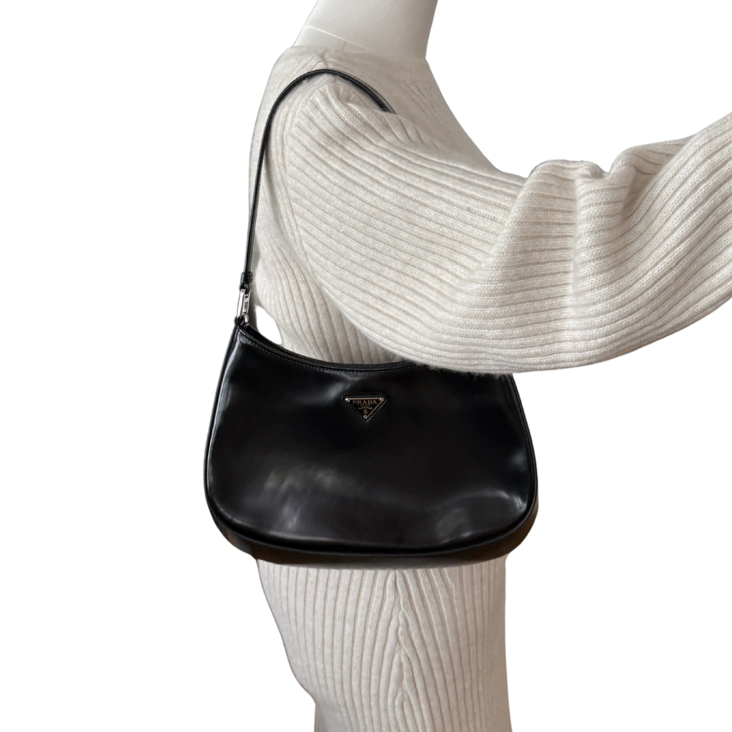 Prada Cleo Schultertasche gebürstetes Leder Schwarz / neuwertig Prada