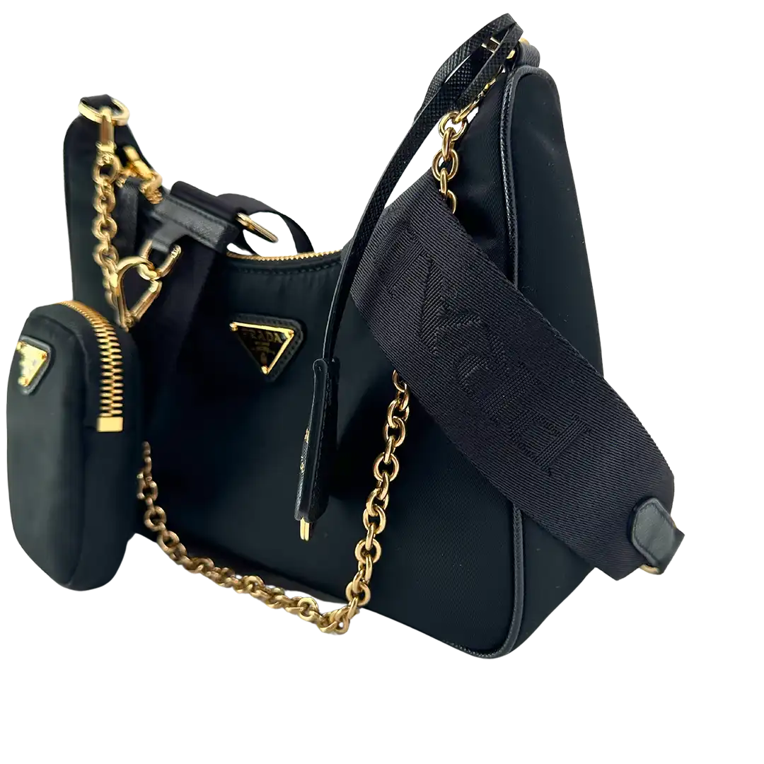 Prada Re-Edition 2005 Nylontasche schwarz gold Fullset / neu Prada