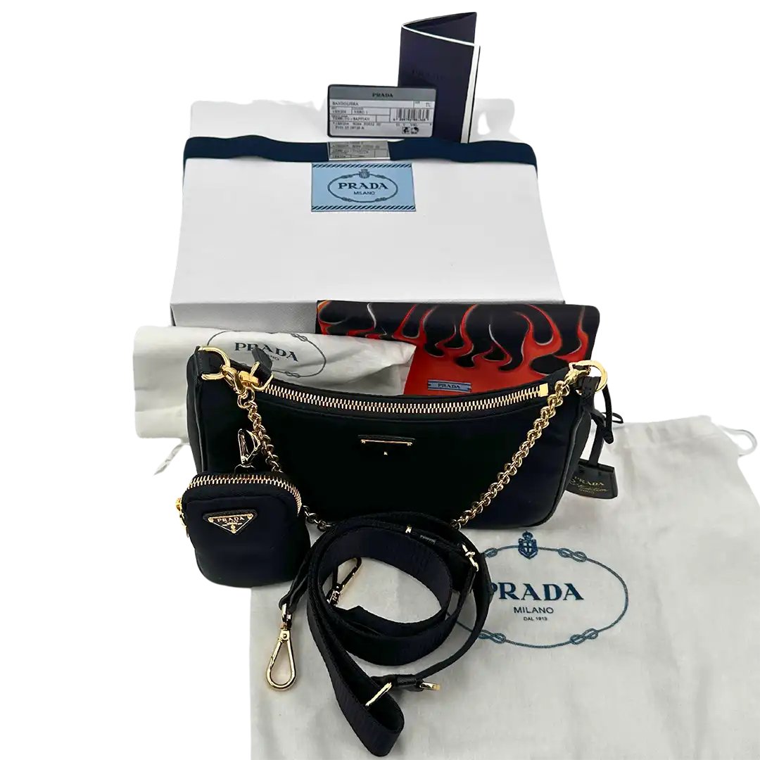 Prada Re-Edition 2005 Nylontasche schwarz gold Fullset / neu Prada